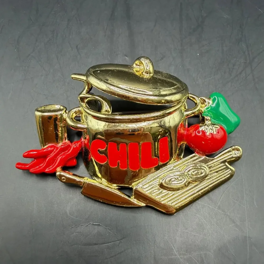 Vintage Gold Tone Enamel Chili Cooking Pot Novelty Brooch Pin 2.5in